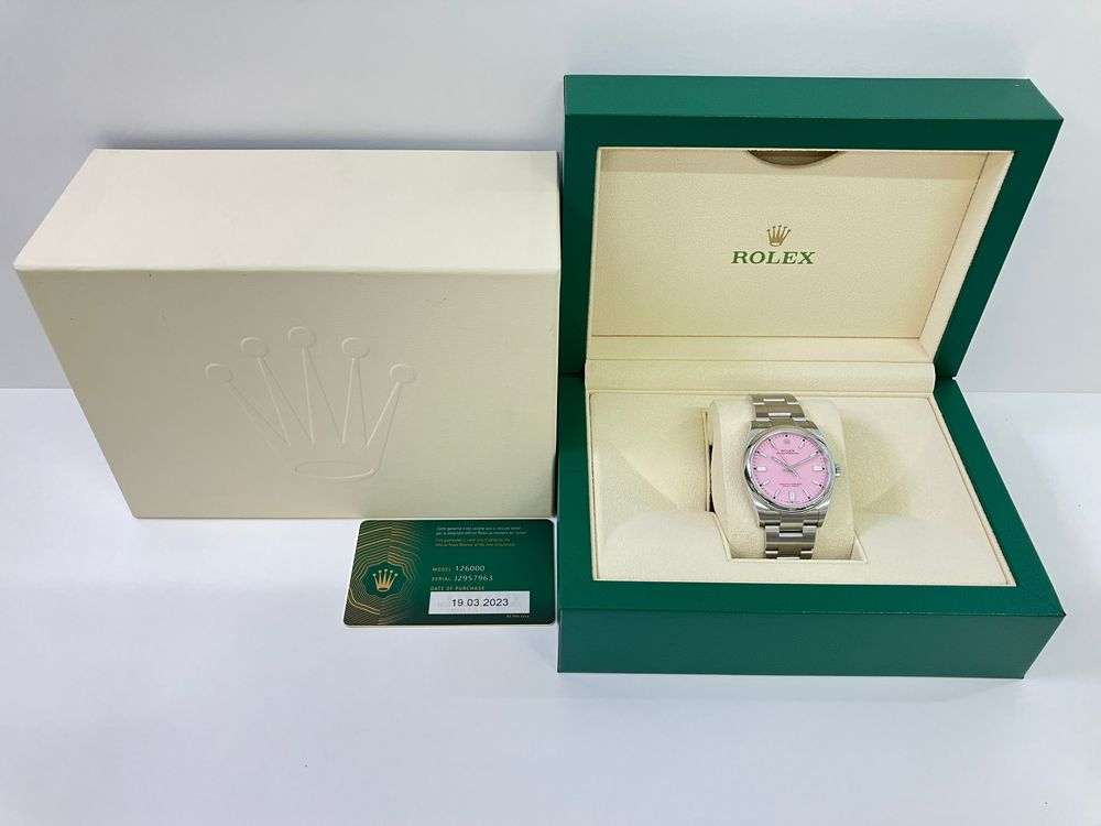 Rolex Oyster Perpetual Candy Pink Custom Dial on Oyster Ref 126000 with New Style Card Green 2023