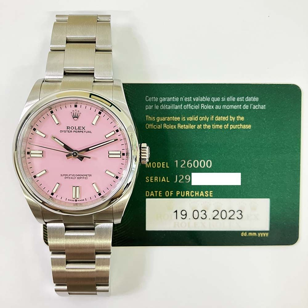 Rolex Oyster Perpetual Candy Pink Custom Dial on Oyster Ref 126000 with New Style Card Green 2023