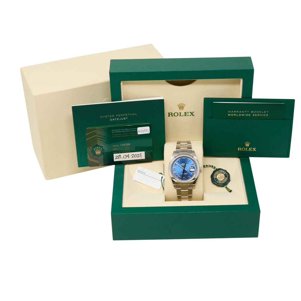 Rolex Datejust 41 Blue Roman Dial on Oyster Ref 126300 with New Style Card Green 2021