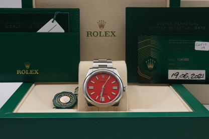 Rolex Oyster Perpetual 41 Coral Red Index Dial on Oyster Ref 124300