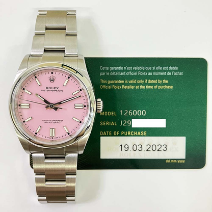 Rolex Oyster Perpetual Candy Pink Custom Dial on Oyster Ref 126000 with New Style Card Green 2023