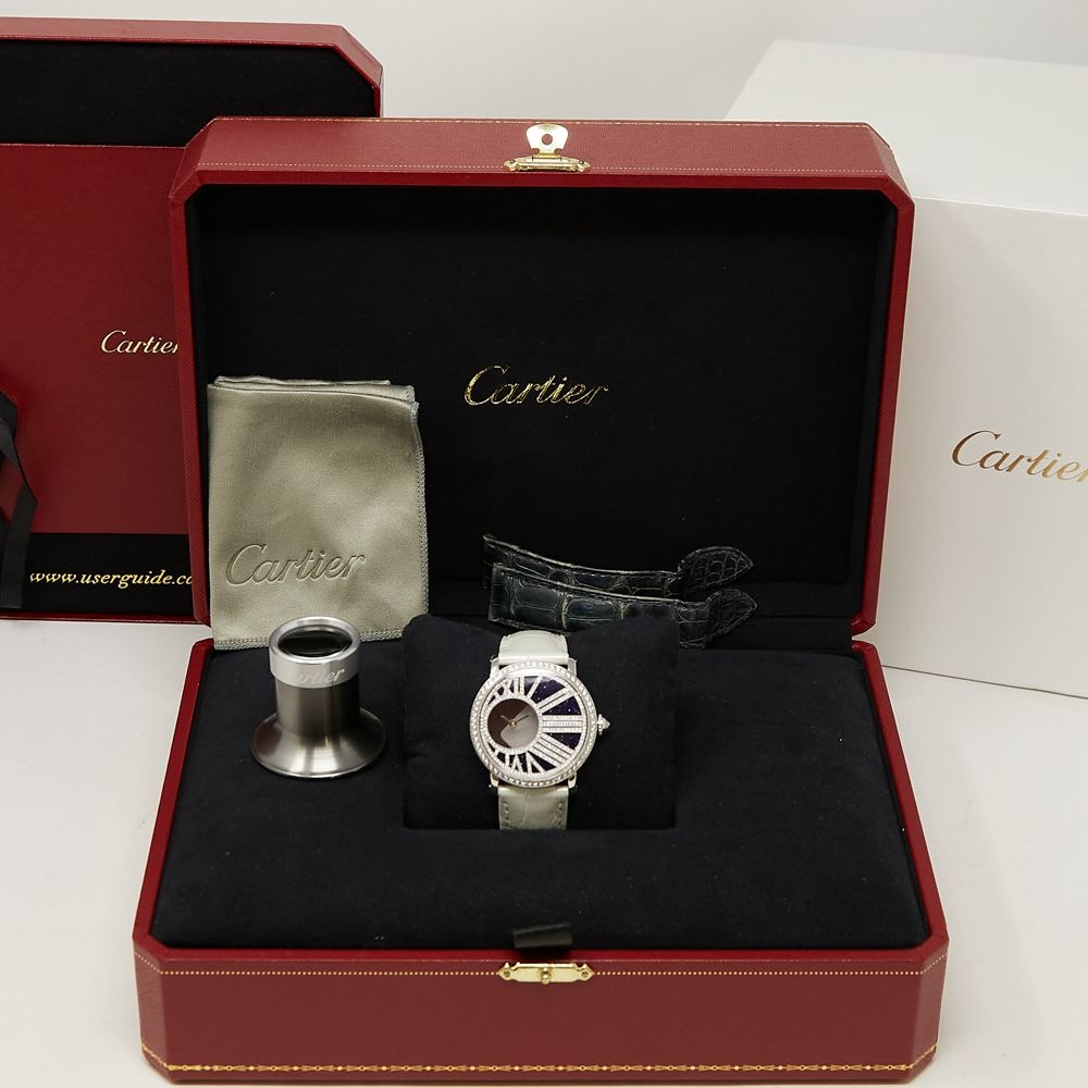 Cartier Rotonde de Cartier Mysterious Hour Blue Dial on White Crocodile Strap Ref HPI01197