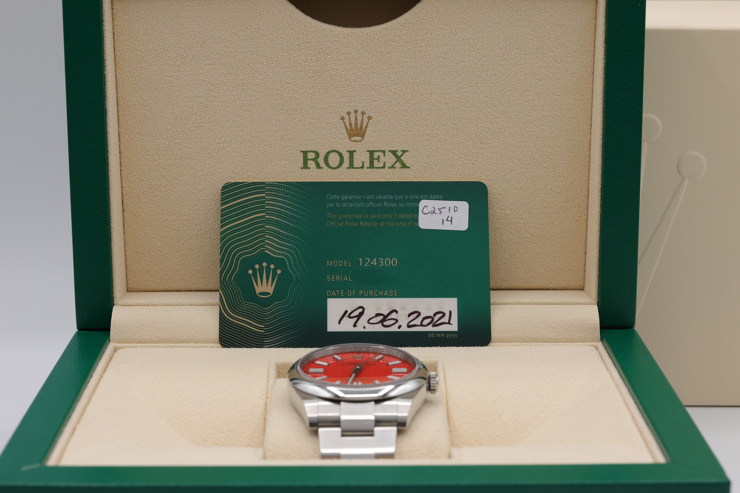 Rolex Oyster Perpetual 41 Coral Red Index Dial on Oyster Ref 124300