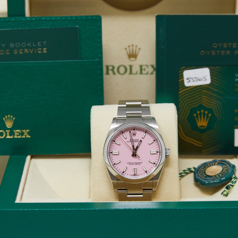 Rolex Oyster Perpetual Candy Pink Custom Dial on Oyster Ref 126000 with New Style Card Green 2023