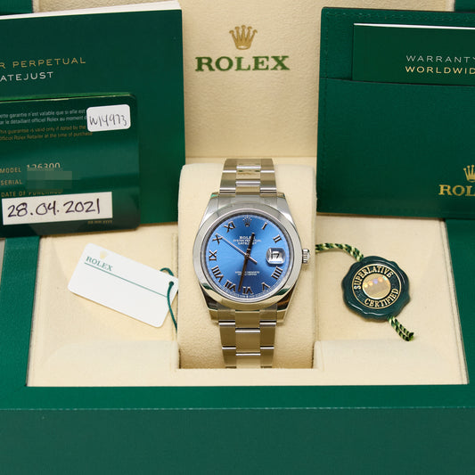 Rolex Datejust 41 Blue Roman Dial on Oyster Ref 126300 with New Style Card Green 2021